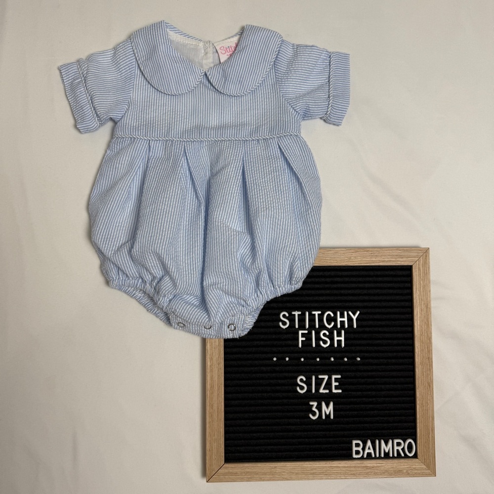 Like New Stitchy Fish Simple Seersucker Bubble, blue and white stripes size 3m